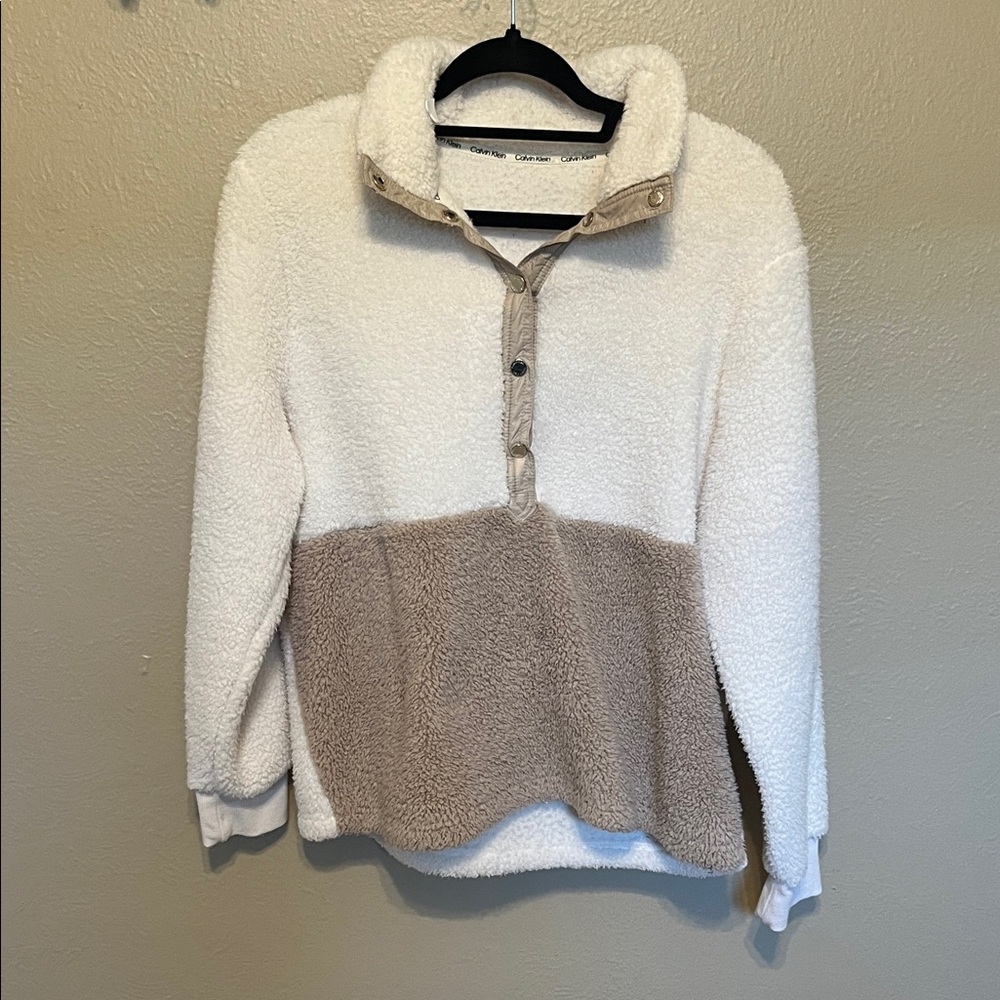 Calvin Klein White and Tan Sherpa Sweater